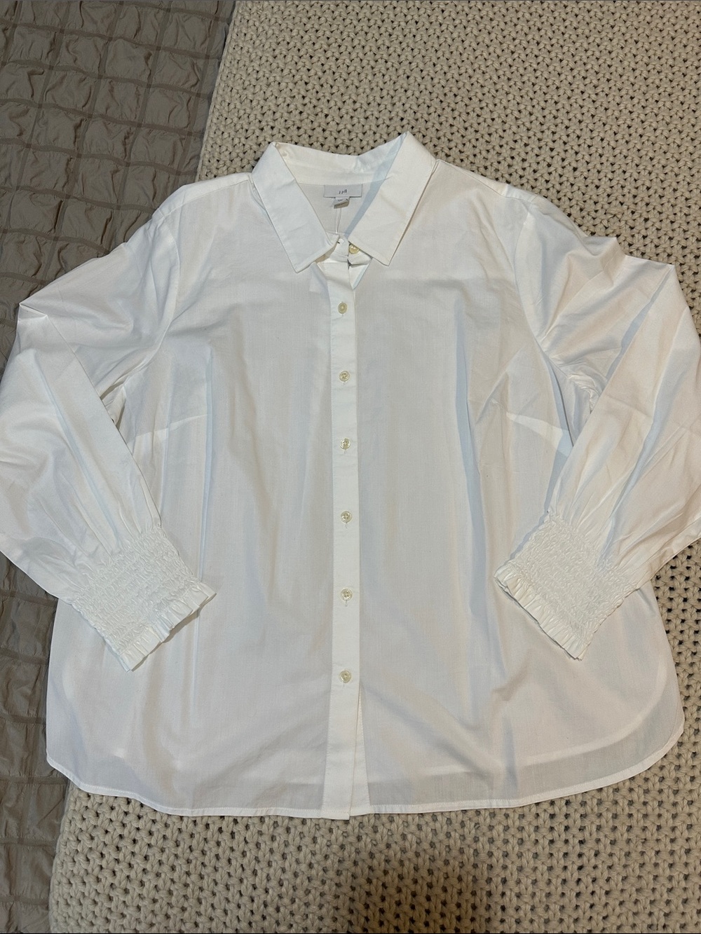 NWT J. Jill White Long-Sleeve Button-Up Shirt w/ Blouson Sleeves, Smocked Cuffs